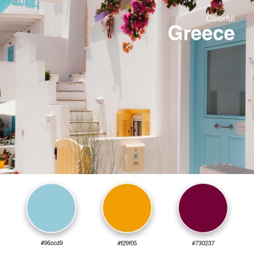 20. Colorful Greece #96ccd9 #f29f05 #730237